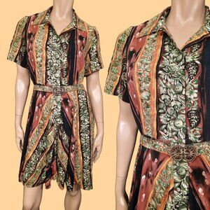 Vintage 80s Belted Dress Womens M Short Sleeve Knee Length Rayon Brown Green
